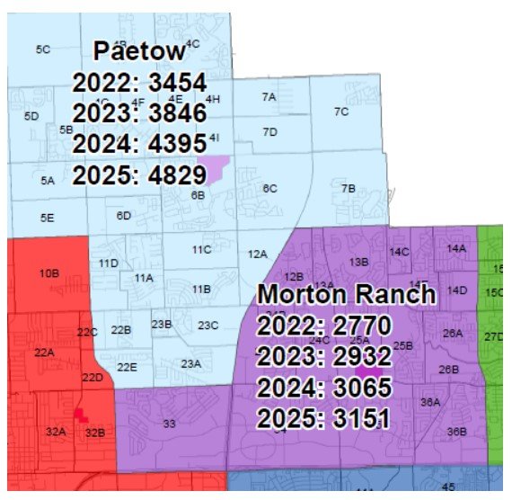 The light blue area on the map above will be the attendance Boundary for Paetow High School starting next school year. The campus's projected student body is the number to the right of the year shown.